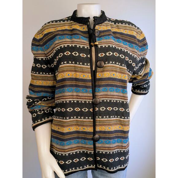 VTG Flashback Jacket Blazer Large Black Woven Cotton Ethnic Boho Aztec Beaded - Picture 2 of 11